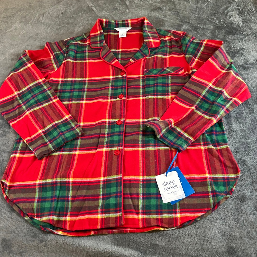 Sleep Sense Flannel Pajama Top Plaid Button Up Sleepwear Loungewear Womens Large